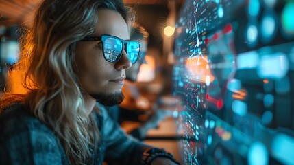 Innovative software development in a futuristic startup office, with professionals using digital tools