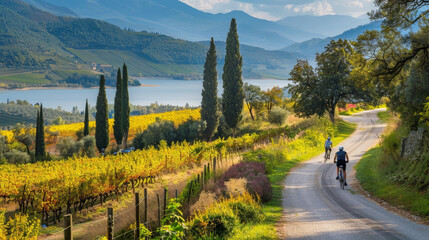two individuals, riding bicycles, are seen cycling down a scenic country road in lush greenery and r