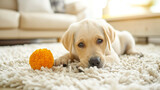 Fototapeta  - Lindo cachorrinho Labrador deitado no tapete branco na sala de estar e brincando com uma pequena bola de brinquedo de estimação