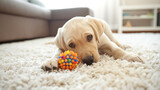 Fototapeta  - Lindo cachorrinho Labrador deitado no tapete branco na sala de estar e brincando com uma pequena bola de brinquedo de estimação
