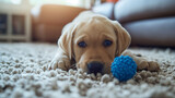Fototapeta  - Lindo cachorrinho Labrador deitado no tapete branco na sala de estar e brincando com uma pequena bola de brinquedo de estimação