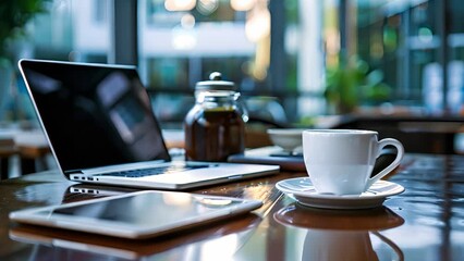Poster - A laptop is placed on a table next to a cup of coffee. The scene depicts a work setup with a hot beverage within reach.