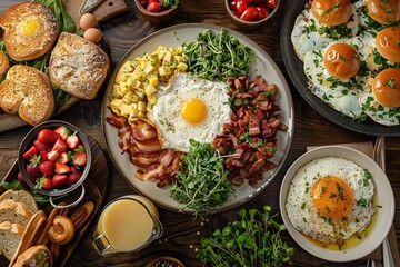 Wall Mural - A brunch spread with a variety of dishes, including eggs, bacon, pastries, and fresh fruit