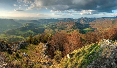 Poster - Rock and forest at spring in Slovakia. View from the top of The Vapec hill in The Strazov Mountains. Seasonal natural scene.