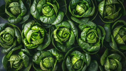 Fresh Green Lettuce Heads in Pattern, close up, top view