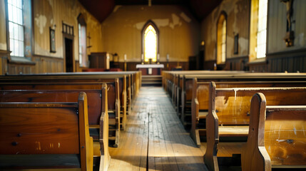 Wall Mural - An interior of an old, empty church with wooden pews, sunlit windows, and a central aisle leading to the altar. The atmosphere is serene and calm.