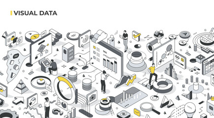 Wall Mural - People interact with diverse data visuals, from pie charts to diagrams. Visual data in business planning, analysing, decision making, and data presentation. Isometric illustrations
