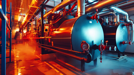 Sticker - Industrial boiler room with large metallic tanks, piping, and steam, illuminated by warm lighting. The setting depicts a modern, high-tech facility.