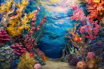 Wall Mural - Colorful artificial coral reef with clownfish swimming, underwater fantasy scene