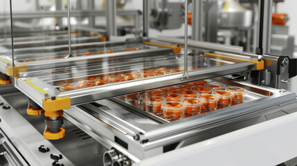 Wall Mural - Close-up of an industrial food packaging machine sealing plastic containers filled with orange-colored food products in a factory setting.