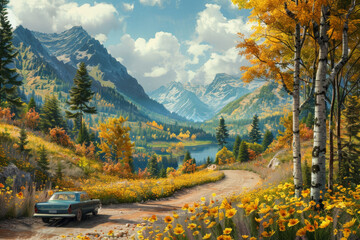 Wall Mural - retro car driving down a winding road in the mountains, surrounded by autumn yellow trees and towering peaks