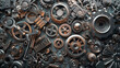 © Natalia - A detailed close-up of various mechanical components and gears arranged in an intricate pattern. The metallic parts include bolts, gears, and springs, exhibiting a complex industrial design.