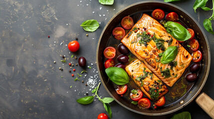 Poster - Delicious pan-seared salmon fillets garnished with fresh basil leaves and cherry tomatoes, surrounded by olives, peppercorns, and sea salt on a rustic dark background.