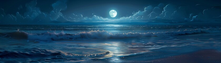 Wall Mural - A beautiful night sky with a full moon reflecting on the ocean