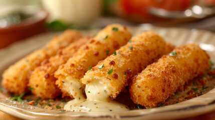 Wall Mural - Close-up of four crispy breaded mozzarella sticks with melted cheese oozing out, garnished with parsley, placed on a beige plate.