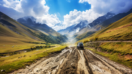 Poster - A rugged off-road vehicle travels along a winding dirt road through a vast mountain valley, surrounded by towering peaks and dramatic clouds in the sky.