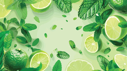  Fresh lime and mint leaves on color background