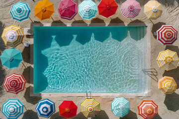 Canvas Print - A vibrant swimming pool filled with colorful umbrellas, showcasing a relaxing atmosphere on a sunny day