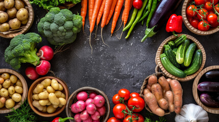 Canvas Print - A variety of fresh vegetables are arranged in bowls on a dark countertop, including carrots, potatoes, broccoli, tomatoes, radishes, and zucchini