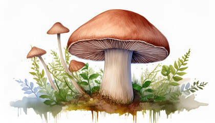 Wall Mural - Watercolor painting of mushroom. Botanical hand drawn art isolated on white background.