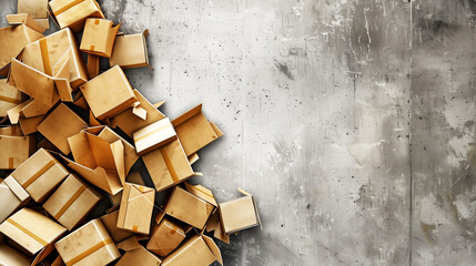 A pile of open cardboard boxes with packing tape scattered on a textured concrete floor. The right side of the image has empty space, ideal for text or product placement.