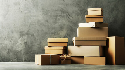 Sticker - A stack of cardboard boxes of various sizes against a rough, gray concrete wall. The scene conveys packaging, shipping, moving, and storage concepts.