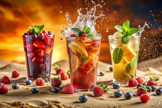 Glass and splash of delicious fruit tea with berries on sand background. Ai generated
