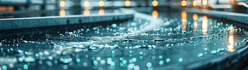 A water treatment facility using digital twins to monitor infrastructure and water quality, displaying analytics on environmental impacts, Close up