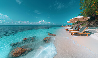 Wall Mural - Sunbeds on the tropical beach with white sand.