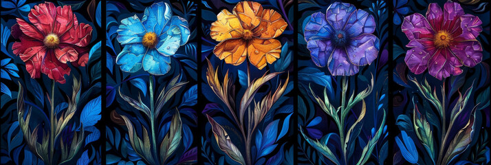 Poster - Five vibrant flowers bloom against a dark blue background