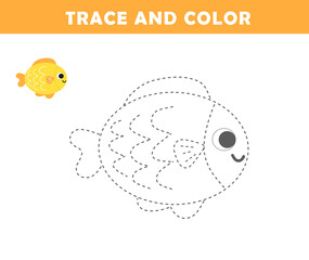 Wall Mural - Summer trace and color for children. Handwriting practice. Coloring page for kids. Preschool worksheet with cute fish illustration.	