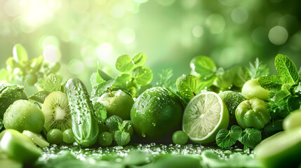 Banner layout of green fruits and vegetables