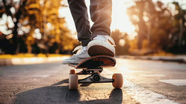 Close-up of a person riding a skateboard on an asphalt surface during sunset, showing legs and shoes, with a warm, blurred background.