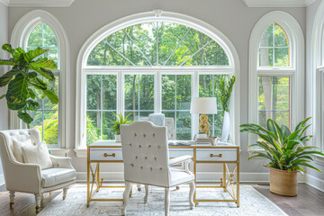 Wall Mural - A white office space featuring arched windows and a white chair against the wall