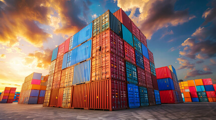 Canvas Print - Colorful stacked shipping containers at a port under a dramatic sunset sky, highlighting global trade and logistics.