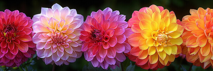 Poster - A row of vibrant dahlias in full bloom, showcasing a variety of colors such as red, pink, yellow, and purple. Each flower stands tall on its stem, surrounded by green leaves and other blooming plants