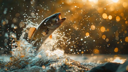 Fish jumping out of water in golden sunset for fishing or nature themed designs