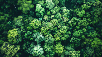 Sticker - Aerial view of a dense green forest with various tree species, showcasing the lush foliage and natural beauty of the wilderness.