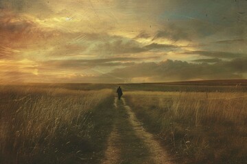 Wall Mural - Lone figure walks down a serene country trail as the sunset casts a warm glow over the fields