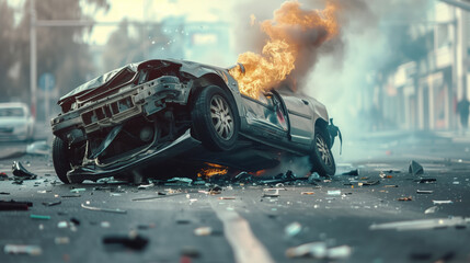 Sticker - A dramatic scene of a car flipped on its side in the middle of a street, engulfed in flames with debris scattered around, suggesting a severe accident.