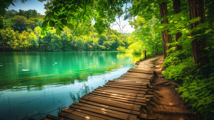 Wall Mural - A serene lakeside scene featuring a wooden boardwalk winding through lush, green forest. The calm, turquoise water of the lake reflects the surrounding trees and foliage.