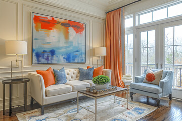 Sticker - A modern living room featuring orange and blue accents in the furniture, pillows, and decor. The room is well-lit and inviting