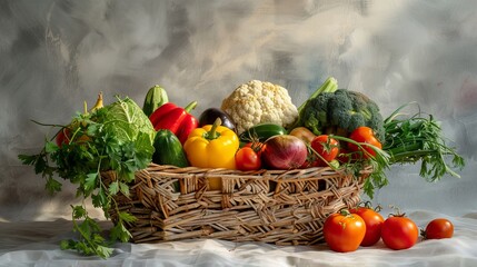 Wall Mural - Fresh organic vegetables in a wicker basket for a healthy food or garden themed design