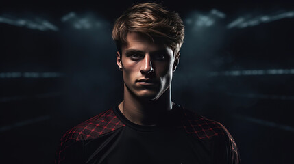 portrait of a young handsome soccer player dressed in uniform with a ball on a dark background with space for text on the background of the stadium