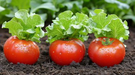 Wall Mural - Lush green tomato plants in a garden, bearing ripe red fruit. The vibrant tomatoes stand out against the backdrop of healthy, leafy green foliage