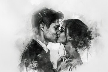 Black and white artistic illustration of a loving couple sharing a tender kiss