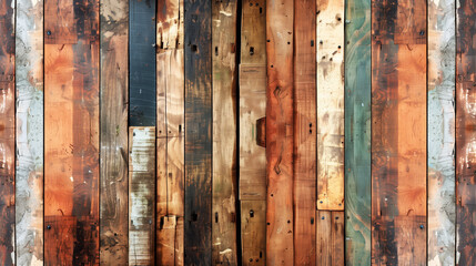 Rustic wooden plank wall with diverse color textures and weathered patterns, ideal for vintage backgrounds.