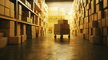 Sticker - A warehouse aisle filled with stacked cardboard boxes on shelves and a trolley with additional boxes in the foreground.