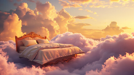 Poster - Surreal image of an ornate bed surrounded by fluffy pink clouds, set against a backdrop of a vibrant, sunset sky, creating a dream-like atmosphere.