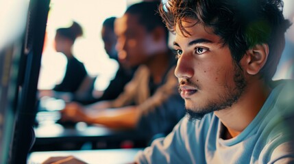 Wall Mural - A young man is seated in front of a computer screen, focusing on the digital display with concentration.